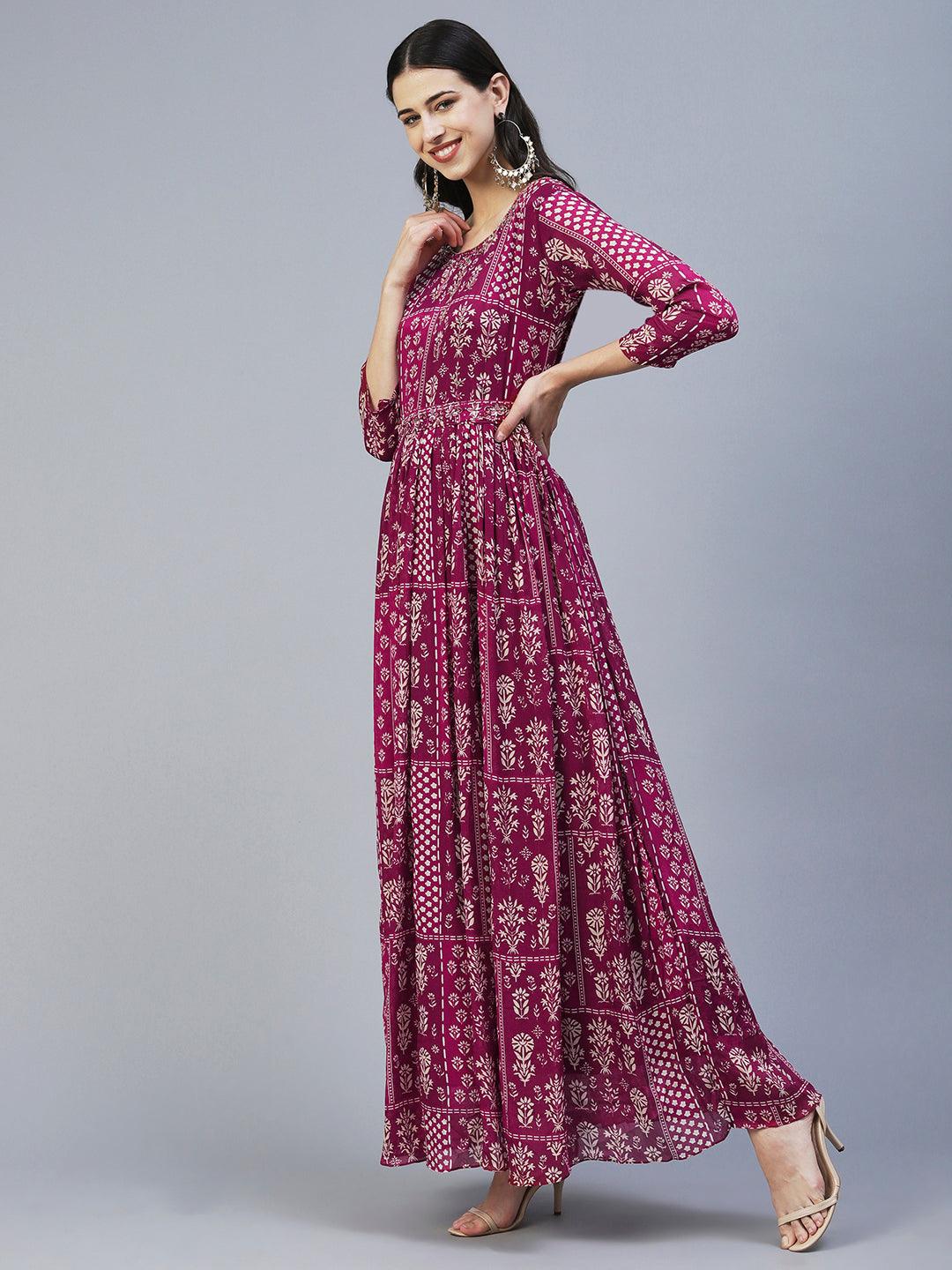 Ethnic Floral Printed & Hand Embroidered Fit & Flare Maxi Dress - Magenta - Indiakreations