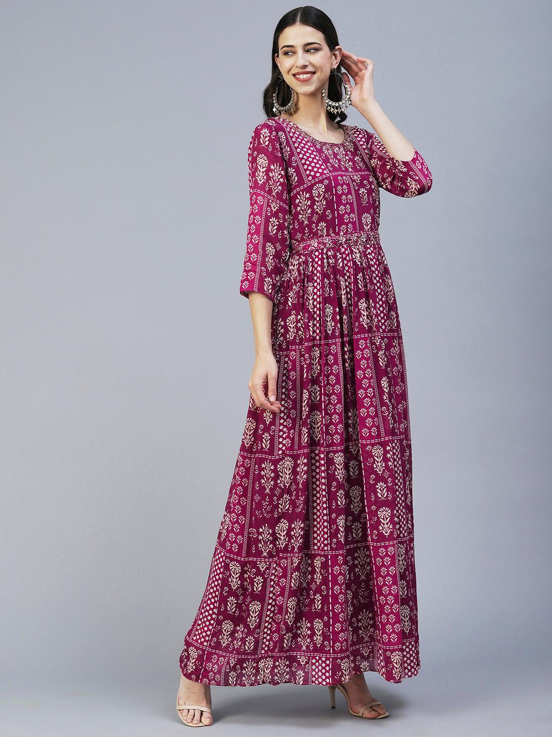 Ethnic Floral Printed & Hand Embroidered Fit & Flare Maxi Dress - Magenta - Indiakreations