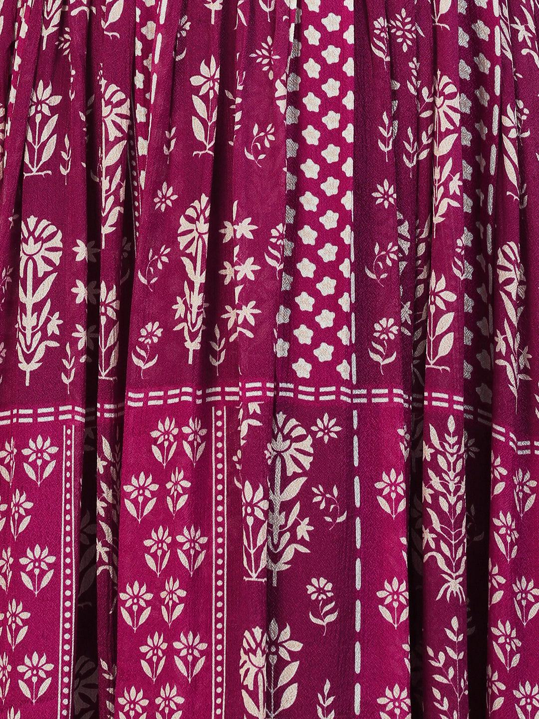 Ethnic Floral Printed & Hand Embroidered Fit & Flare Maxi Dress - Magenta - Indiakreations