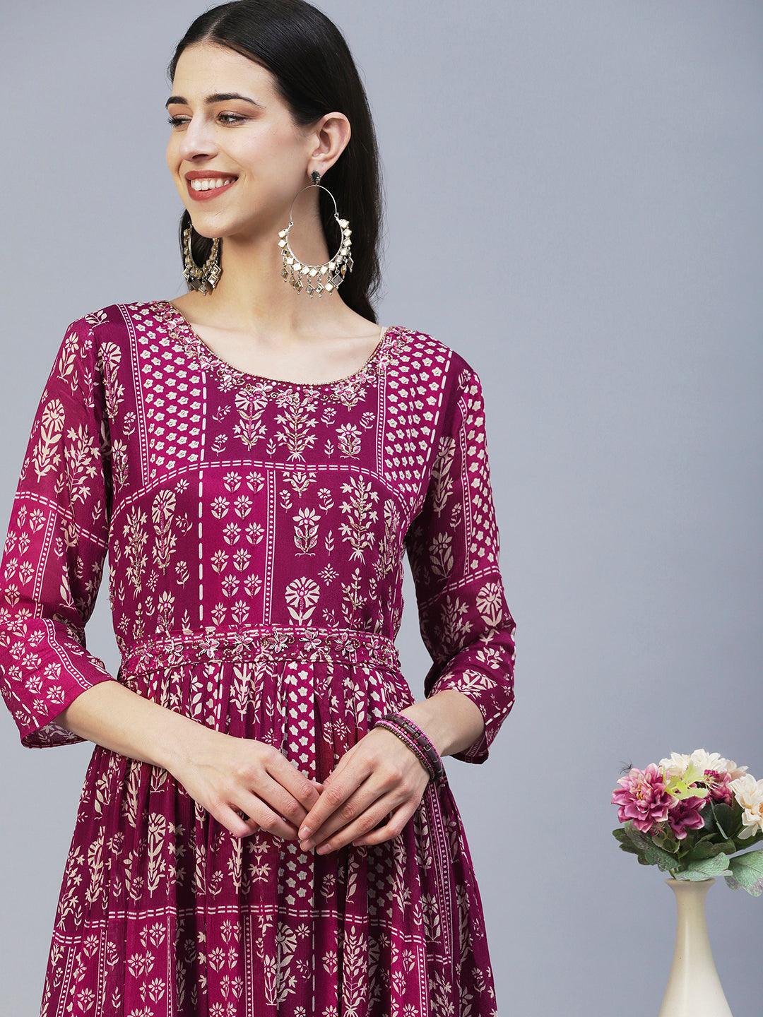 Ethnic Floral Printed & Hand Embroidered Fit & Flare Maxi Dress - Magenta - Indiakreations