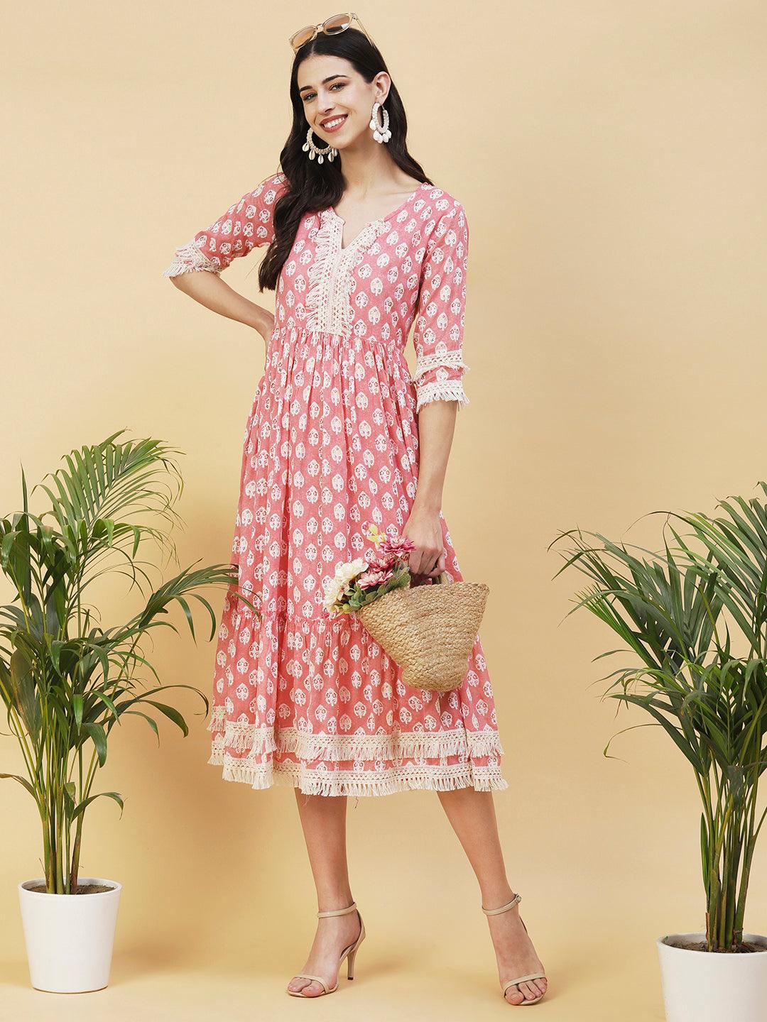 Floral Ethnic Printed Fringed Lace Ornamented Tiered Dress - Peach - Indiakreations