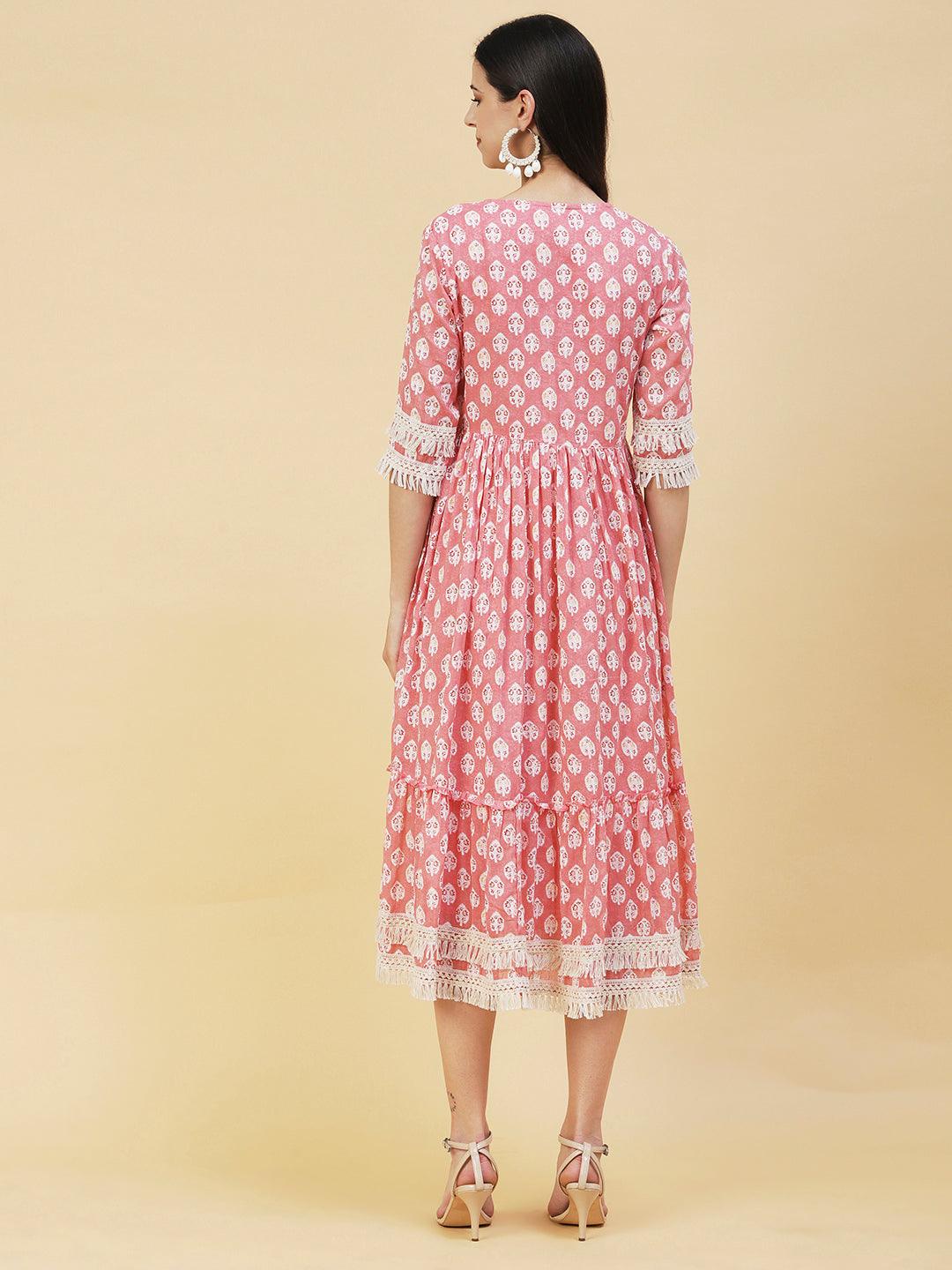 Floral Ethnic Printed Fringed Lace Ornamented Tiered Dress - Peach - Indiakreations