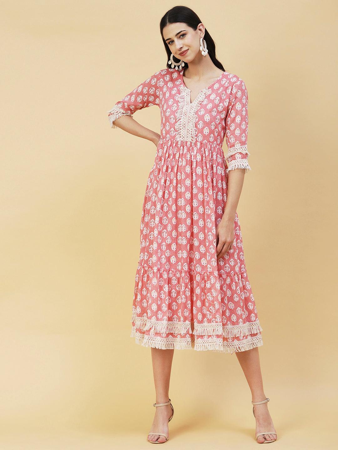 Floral Ethnic Printed Fringed Lace Ornamented Tiered Dress - Peach - Indiakreations