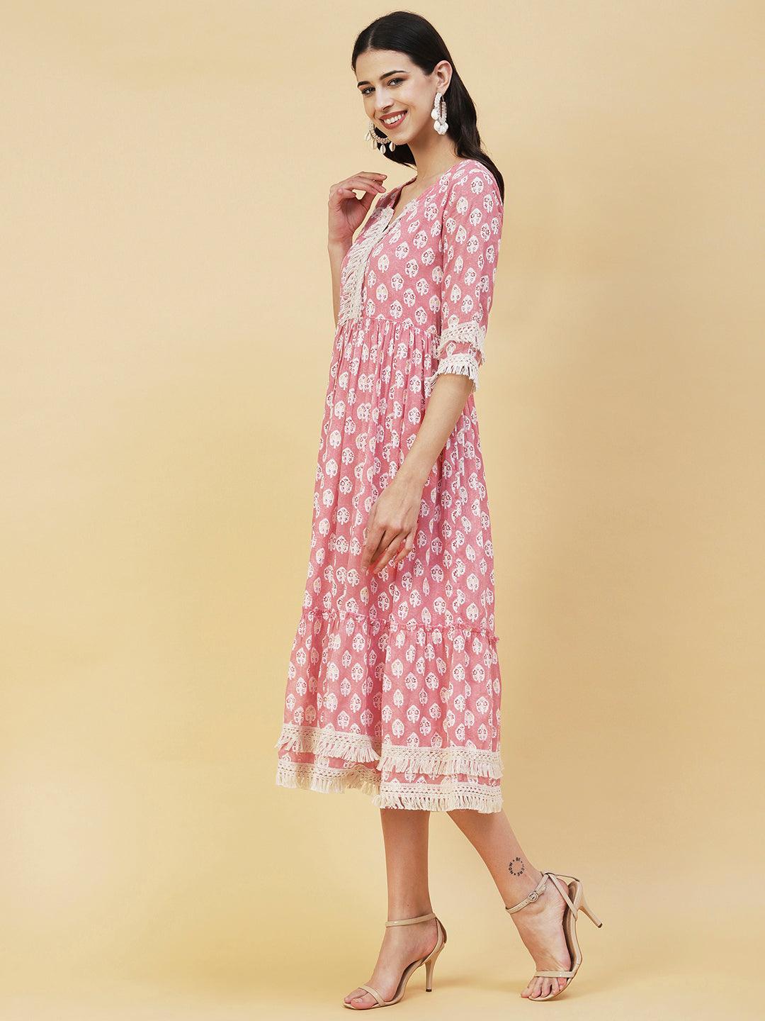 Floral Ethnic Printed Fringed Lace Ornamented Tiered Dress - Peach - Indiakreations