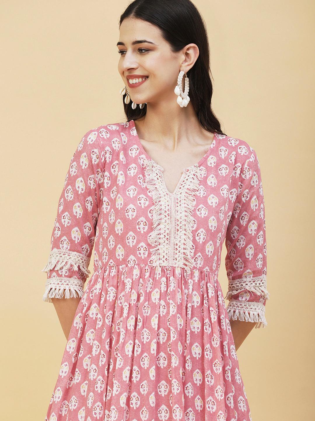 Floral Ethnic Printed Fringed Lace Ornamented Tiered Dress - Peach - Indiakreations