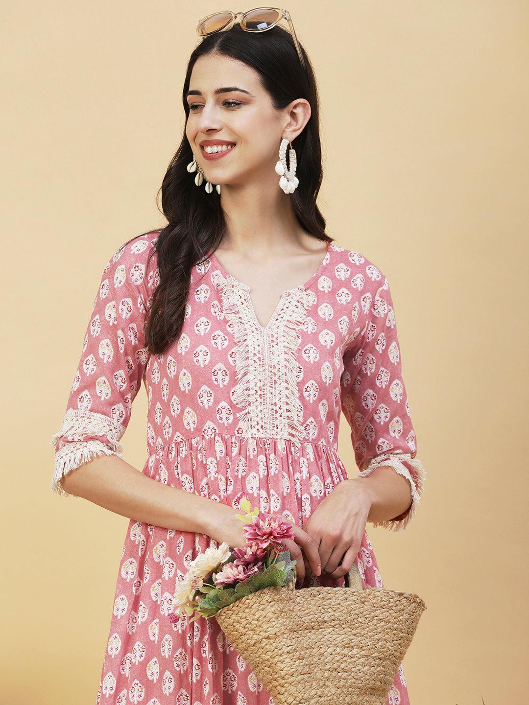 Floral Ethnic Printed Fringed Lace Ornamented Tiered Dress - Peach - Indiakreations