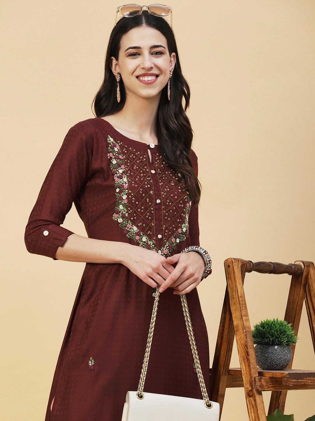 Floral Hand Embroidered Straight Fit Kurta - Brown - Indiakreations