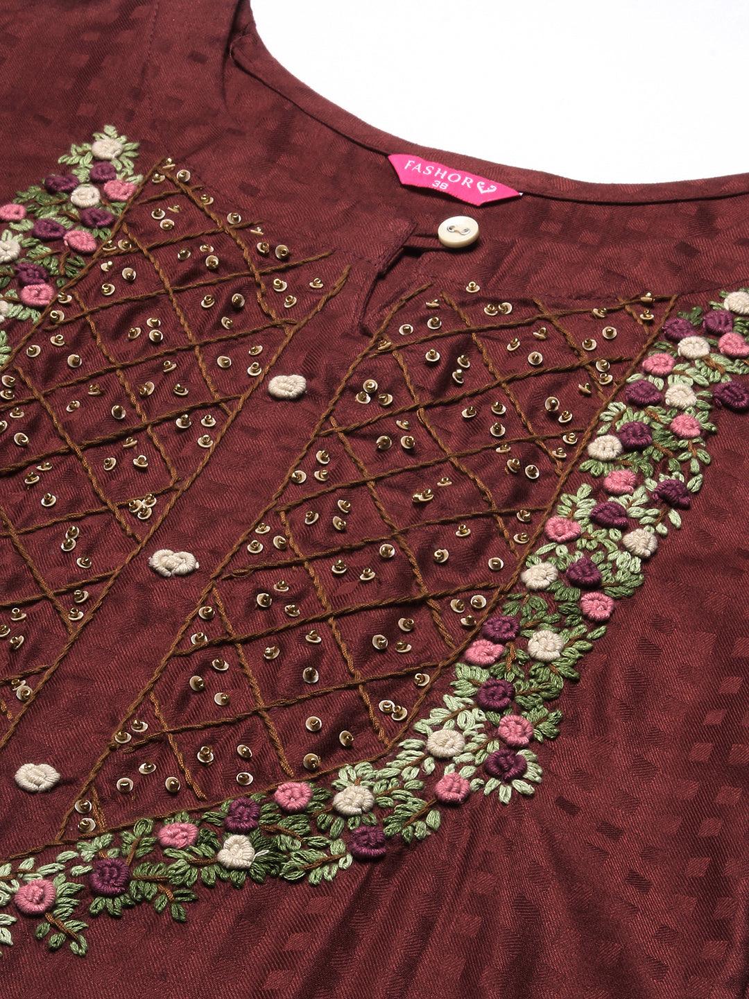 Floral Hand Embroidered Straight Fit Kurta - Brown - Indiakreations