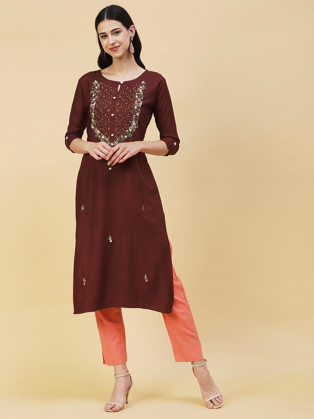 Floral Hand Embroidered Straight Fit Kurta - Brown - Indiakreations