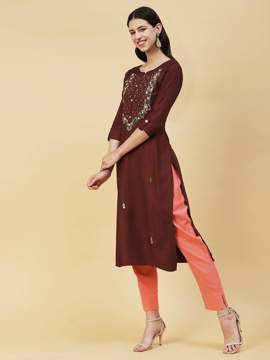 Floral Hand Embroidered Straight Fit Kurta - Brown - Indiakreations