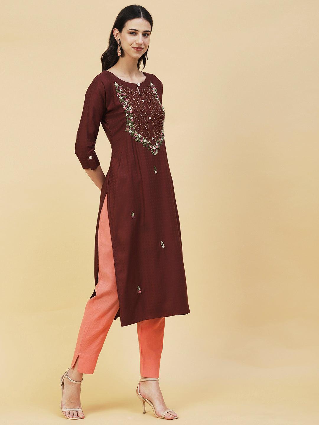 Floral Hand Embroidered Straight Fit Kurta - Brown - Indiakreations