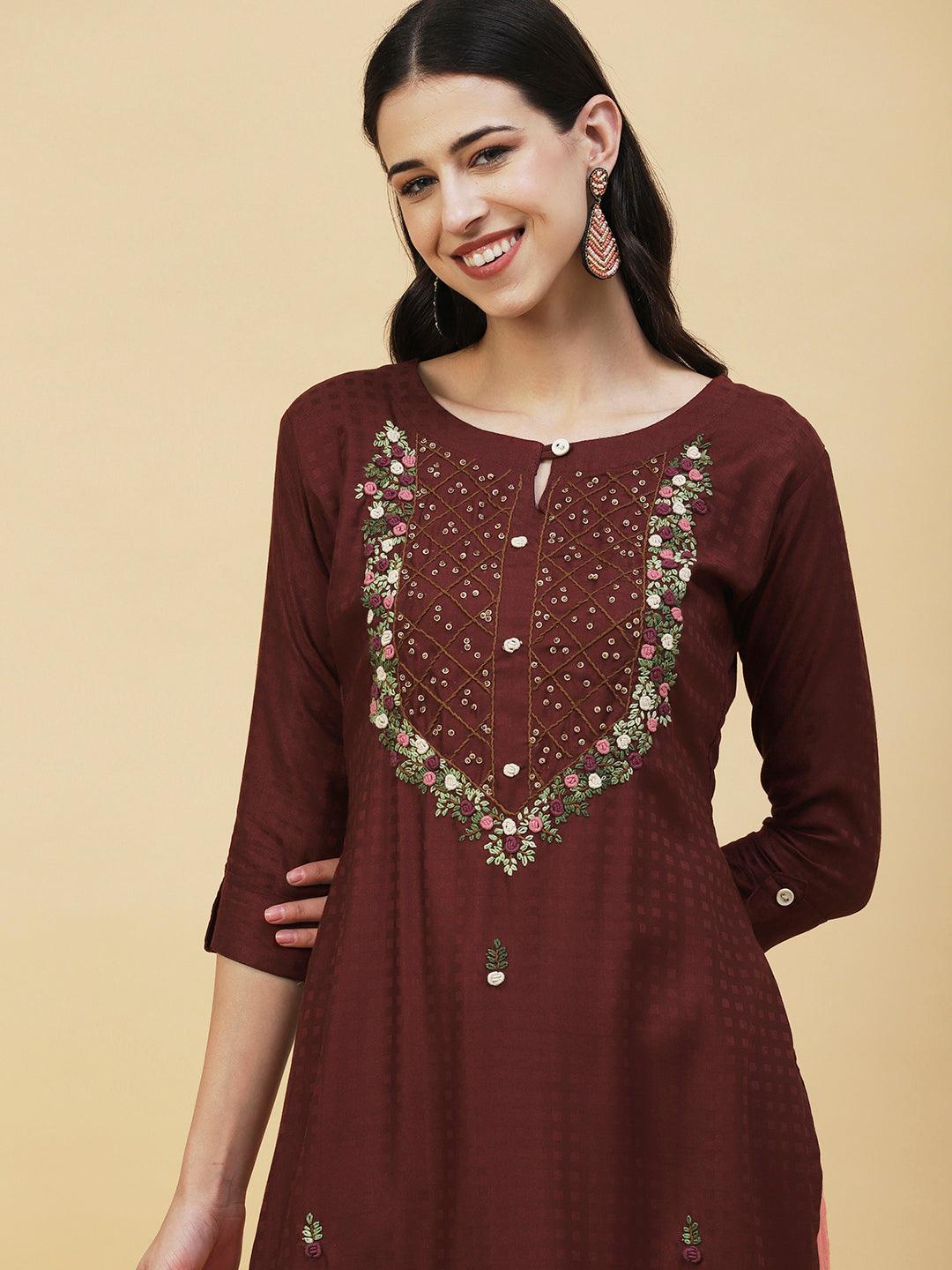 Floral Hand Embroidered Straight Fit Kurta - Brown - Indiakreations