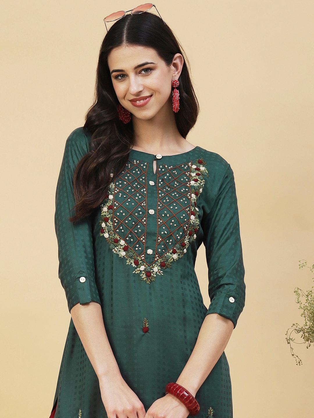 Floral Hand Embroidered Straight Fit Kurta - Green - Indiakreations