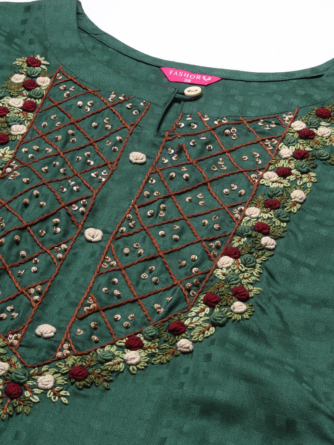 Floral Hand Embroidered Straight Fit Kurta - Green - Indiakreations