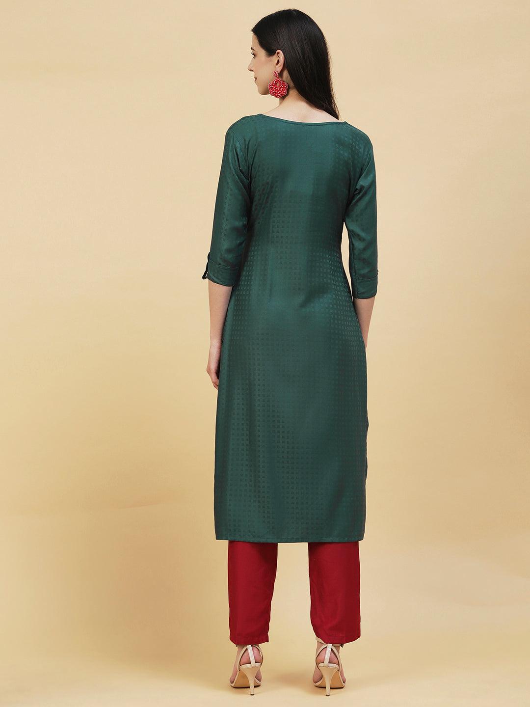 Floral Hand Embroidered Straight Fit Kurta - Green - Indiakreations