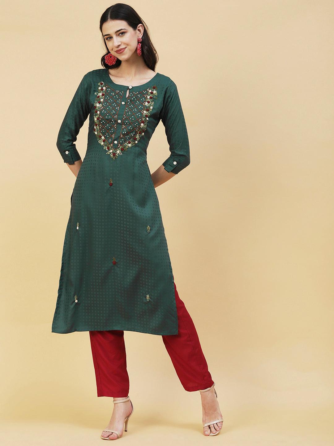 Floral Hand Embroidered Straight Fit Kurta - Green - Indiakreations