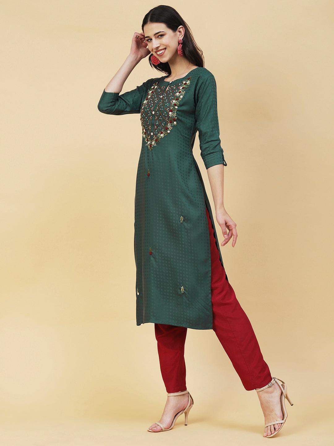 Floral Hand Embroidered Straight Fit Kurta - Green - Indiakreations