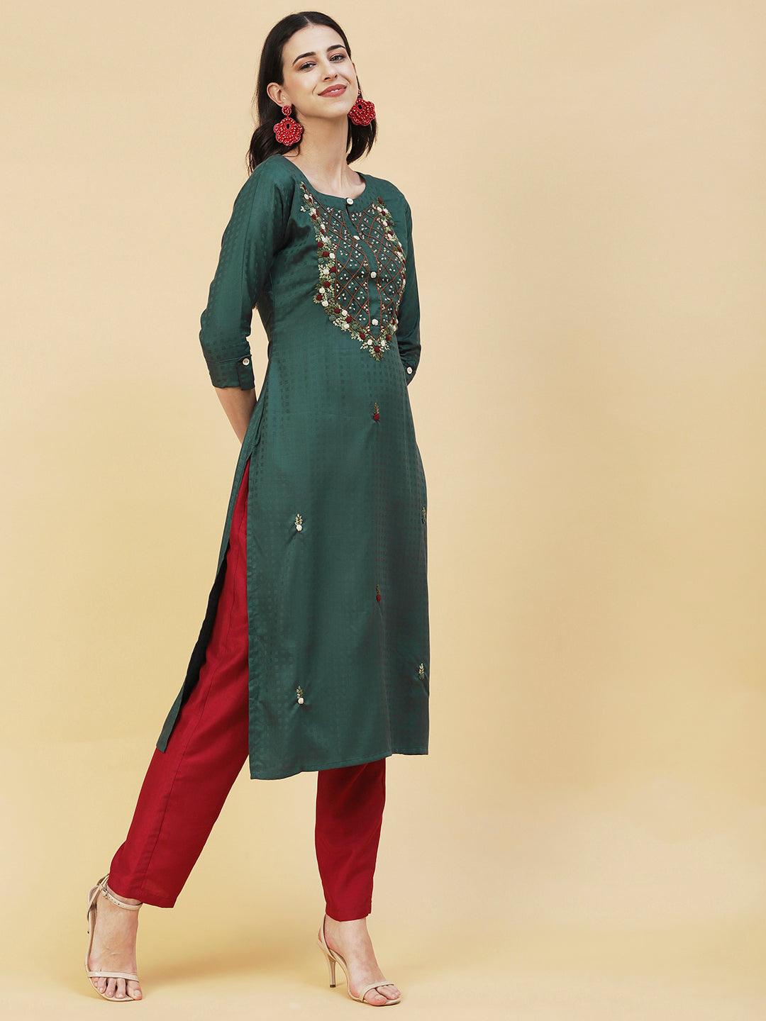 Floral Hand Embroidered Straight Fit Kurta - Green - Indiakreations