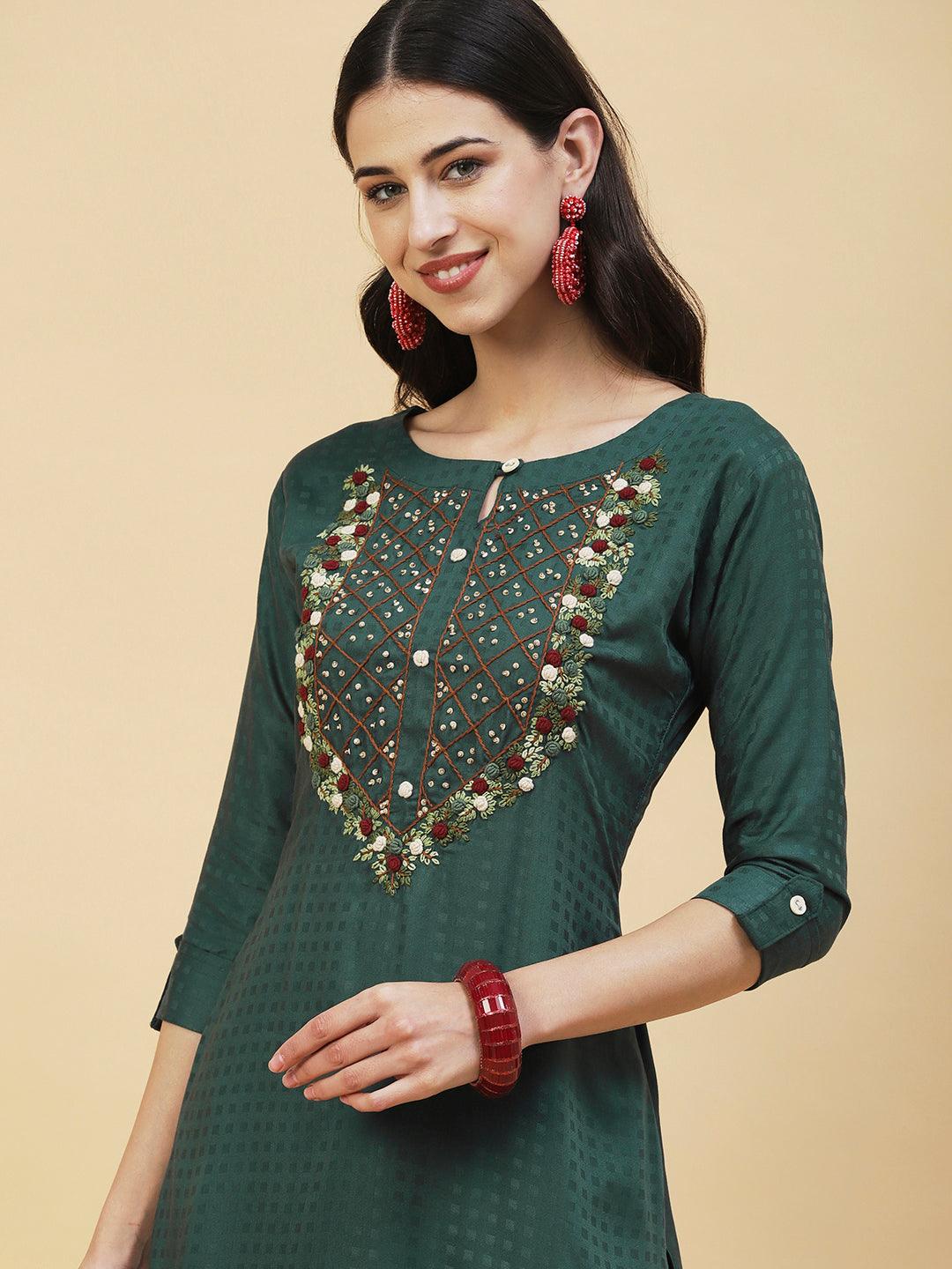 Floral Hand Embroidered Straight Fit Kurta - Green - Indiakreations