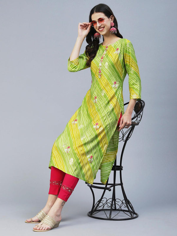 Lehriya Printed Resham & Zari Embroidered Kurta - Lime Green - Indiakreations