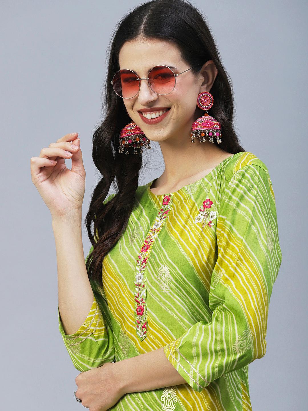 Lehriya Printed Resham & Zari Embroidered Kurta - Lime Green - Indiakreations