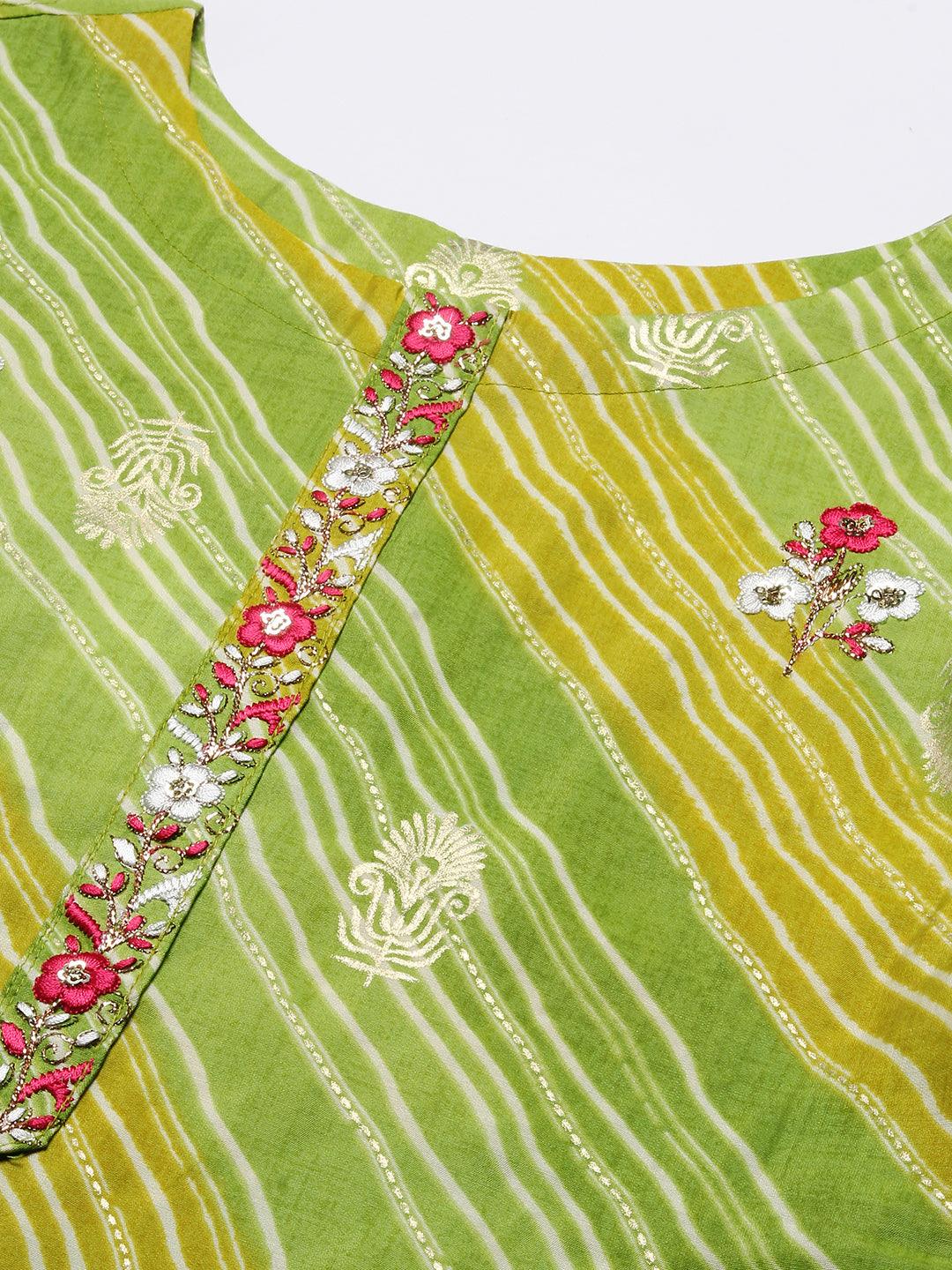 Lehriya Printed Resham & Zari Embroidered Kurta - Lime Green - Indiakreations