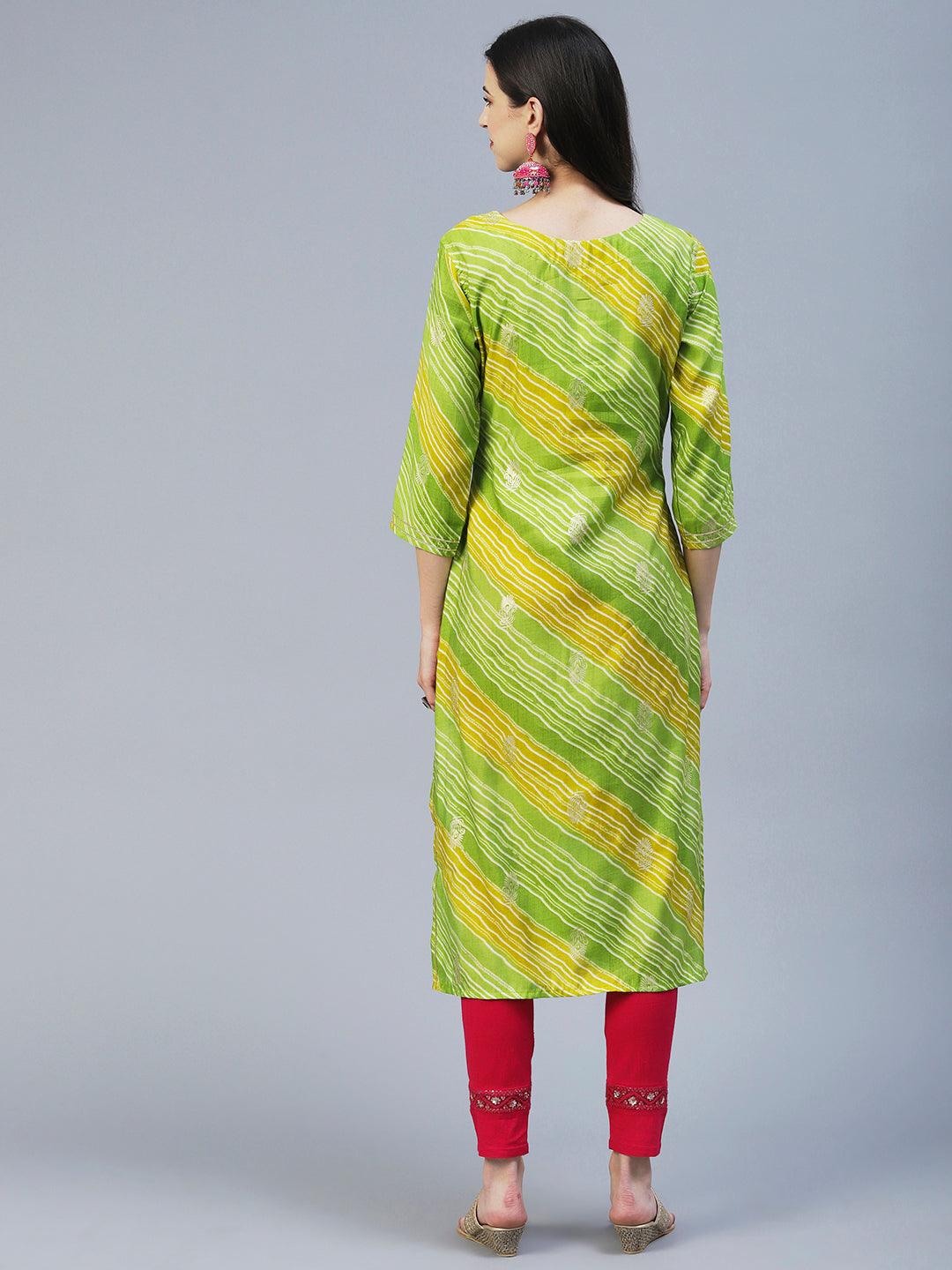 Lehriya Printed Resham & Zari Embroidered Kurta - Lime Green - Indiakreations