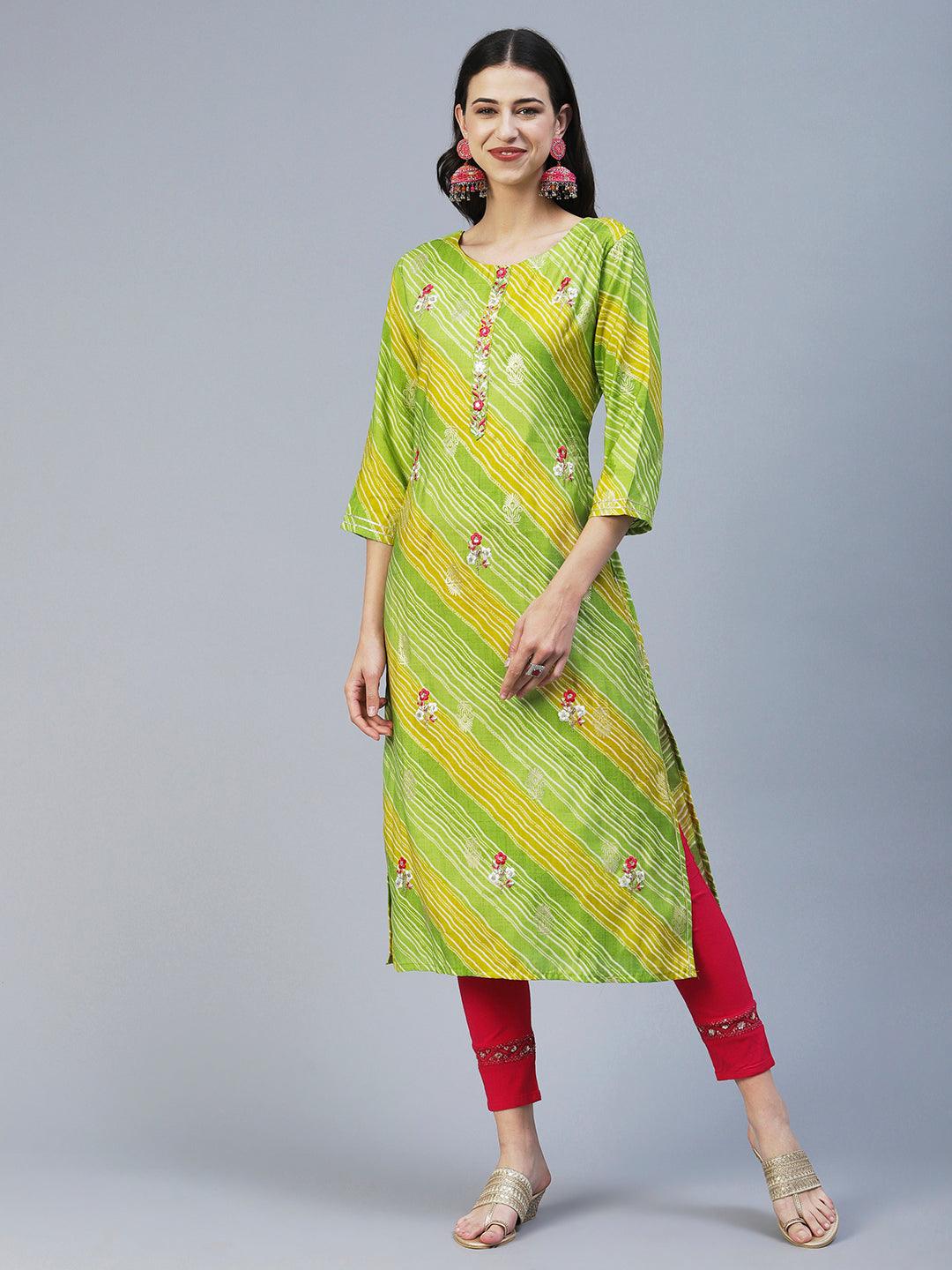 Lehriya Printed Resham & Zari Embroidered Kurta - Lime Green - Indiakreations