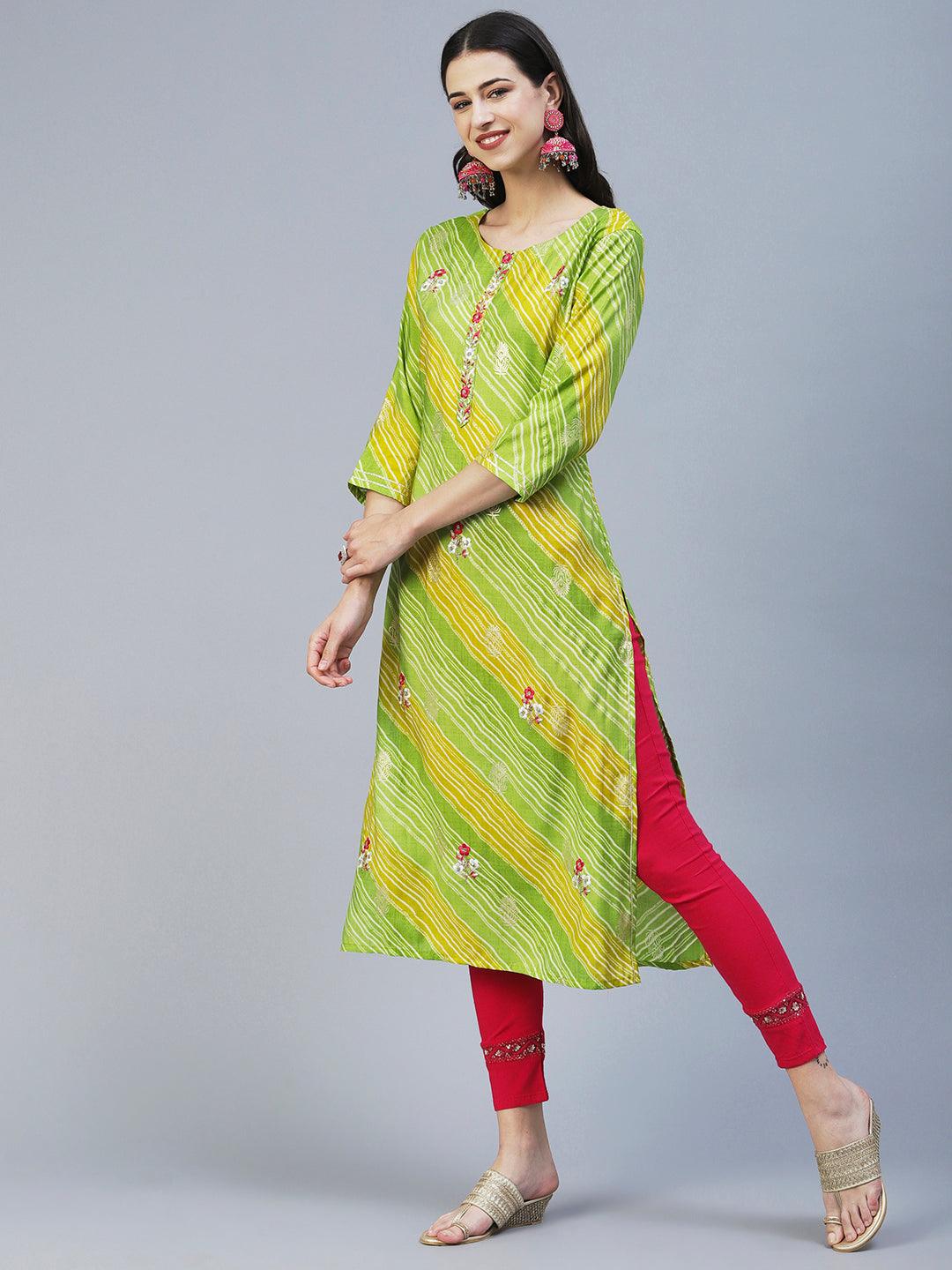 Lehriya Printed Resham & Zari Embroidered Kurta - Lime Green - Indiakreations