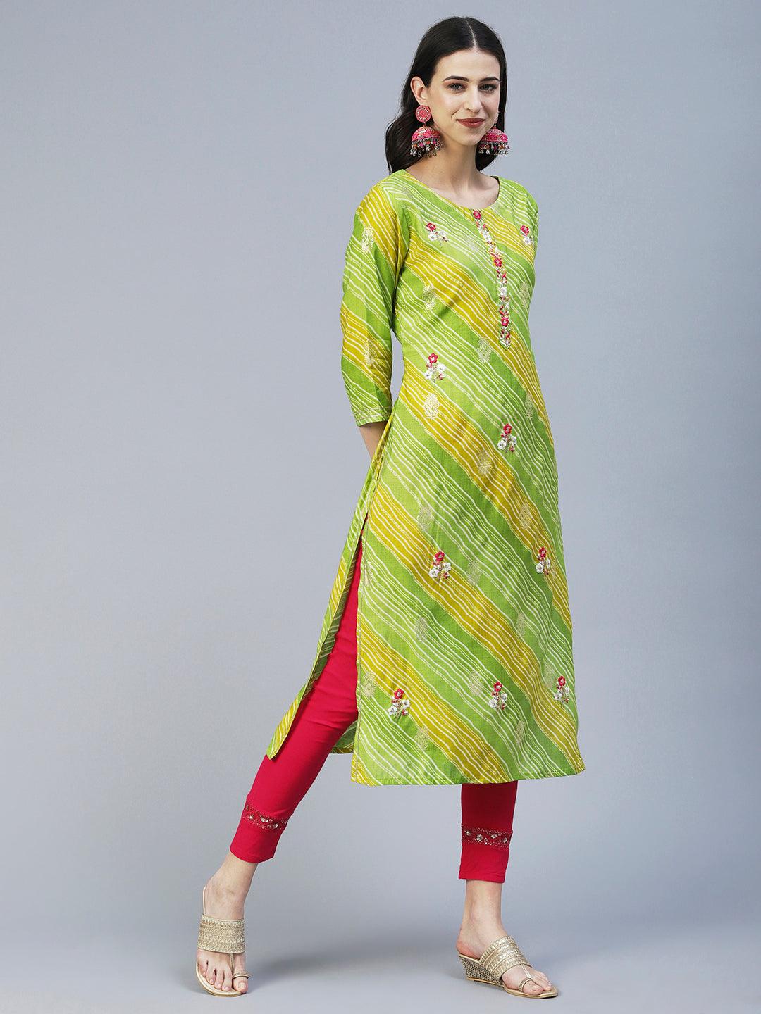 Lehriya Printed Resham & Zari Embroidered Kurta - Lime Green - Indiakreations