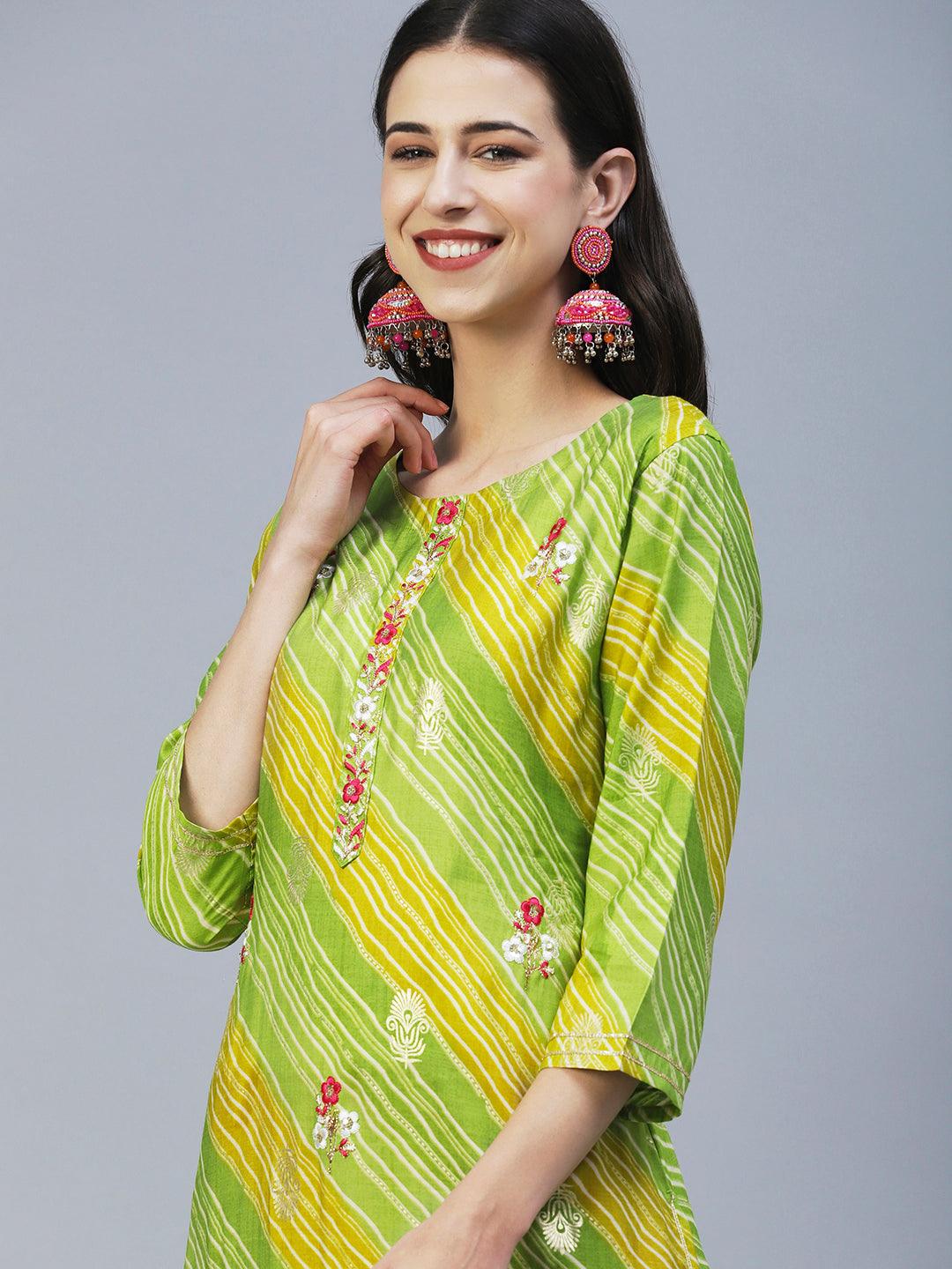 Lehriya Printed Resham & Zari Embroidered Kurta - Lime Green - Indiakreations