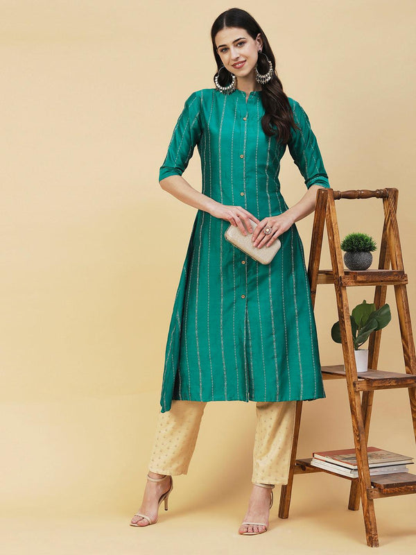 Woven Striped Front Slit A-line Kurta - Sea Green - Indiakreations