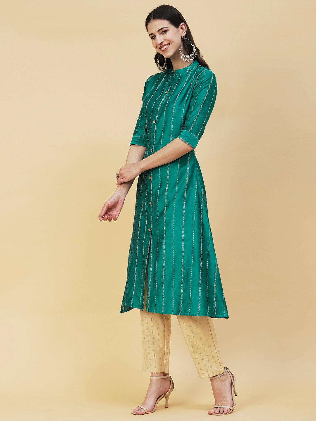 Woven Striped Front Slit A-line Kurta - Sea Green - Indiakreations