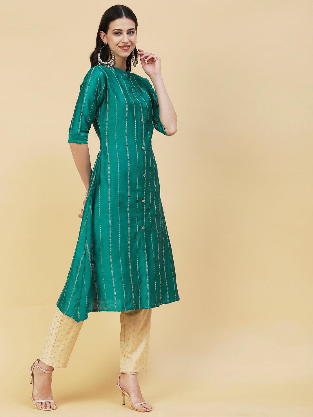 Woven Striped Front Slit A-line Kurta - Sea Green - Indiakreations