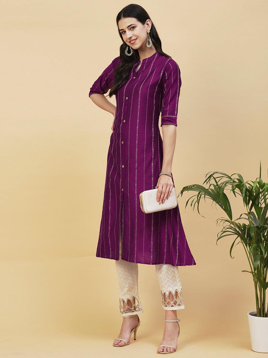 Woven Striped Front Slit A-line Kurta - Violet - Indiakreations