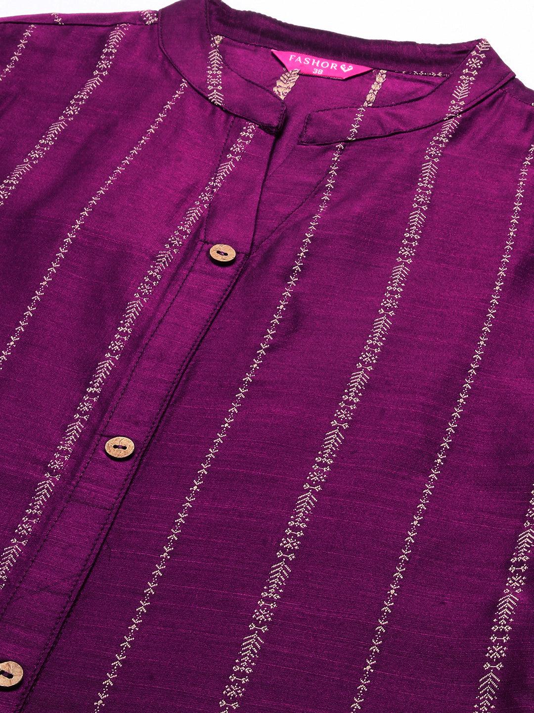 Woven Striped Front Slit A-line Kurta - Violet - Indiakreations