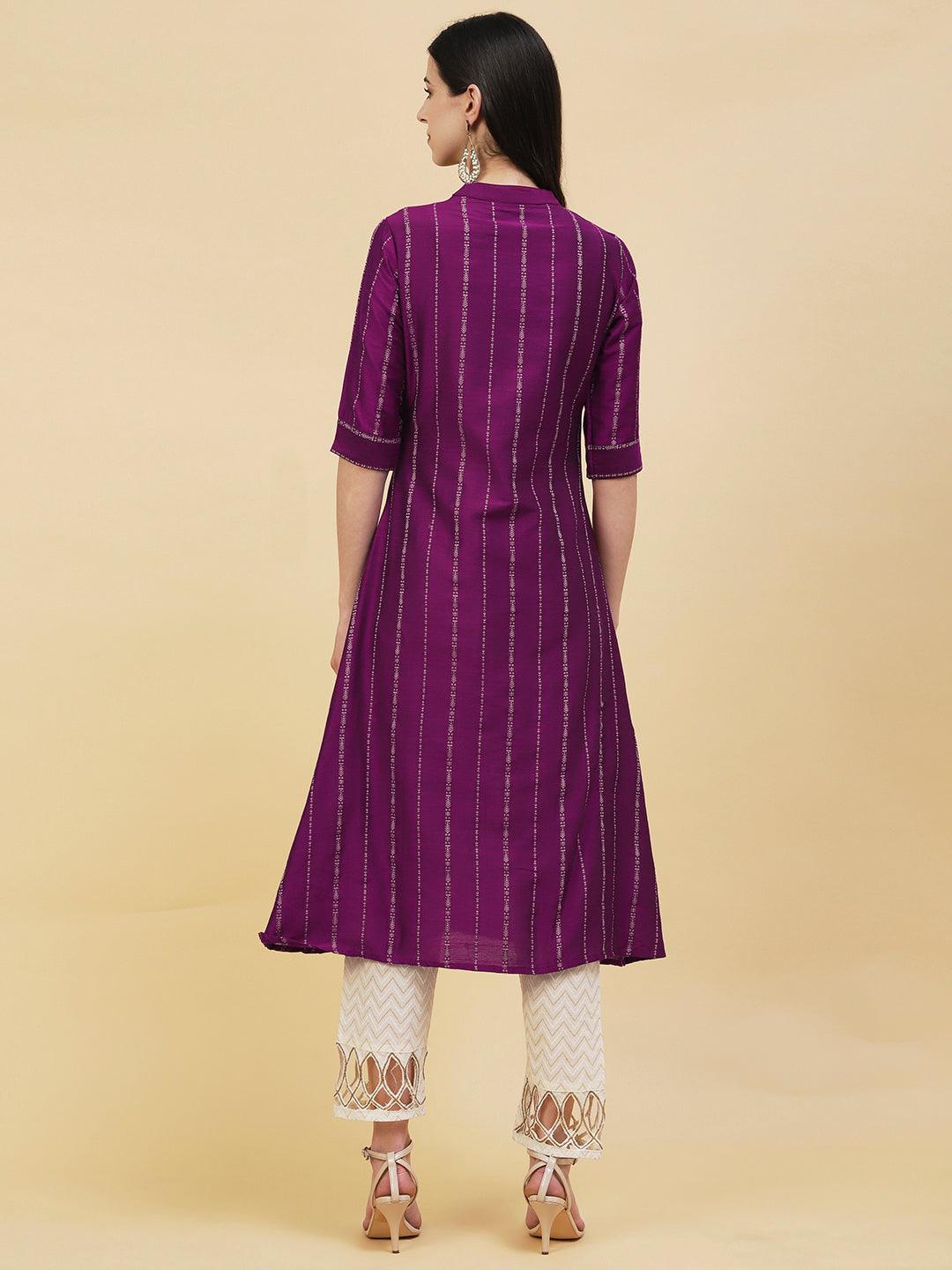 Woven Striped Front Slit A-line Kurta - Violet - Indiakreations