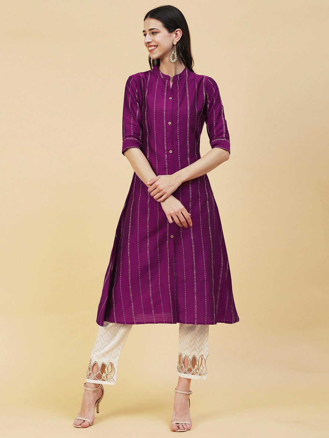 Woven Striped Front Slit A-line Kurta - Violet - Indiakreations