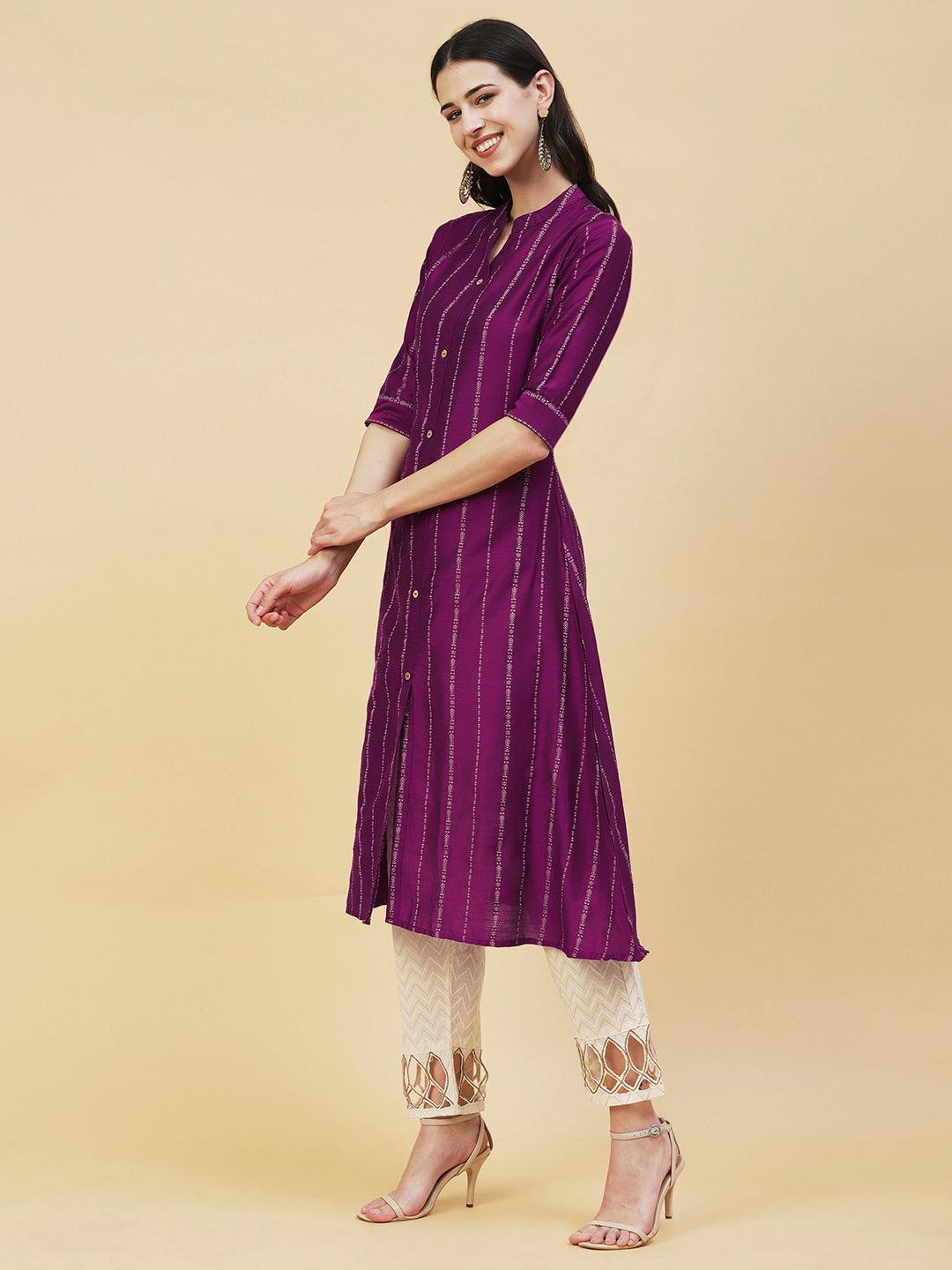 Woven Striped Front Slit A-line Kurta - Violet - Indiakreations