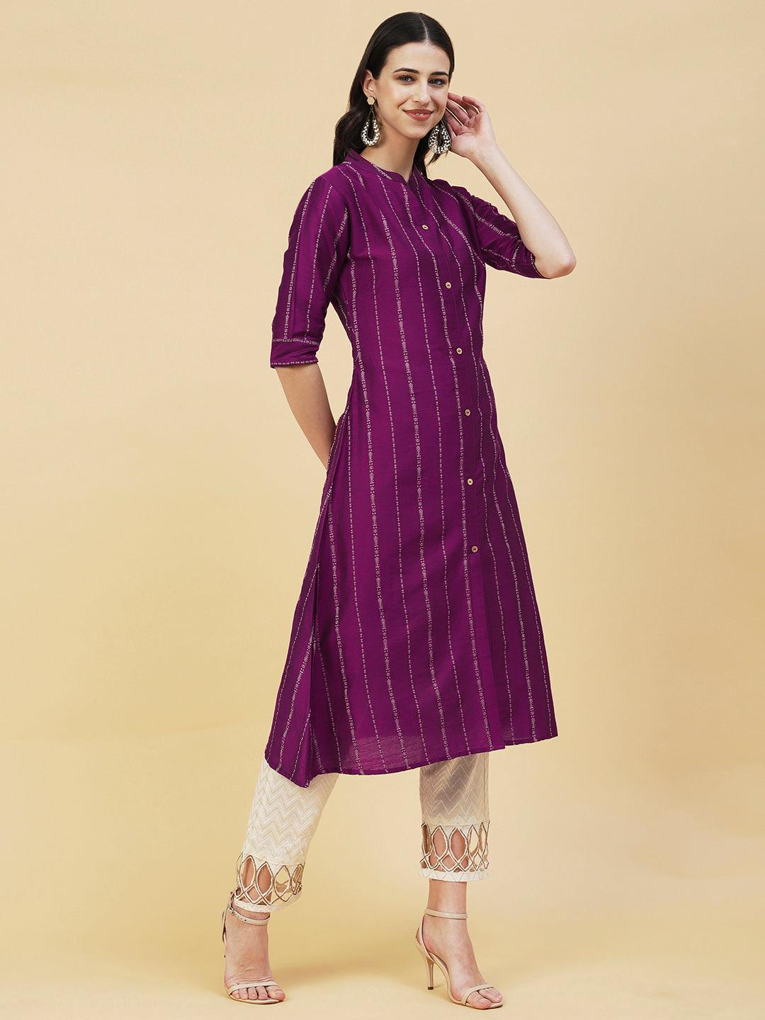 Woven Striped Front Slit A-line Kurta - Violet - Indiakreations