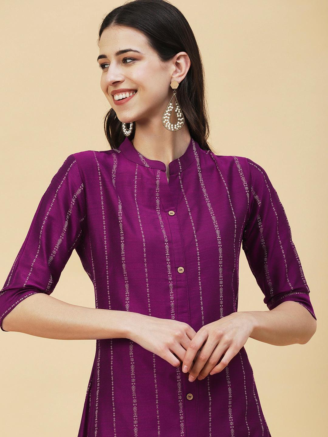 Woven Striped Front Slit A-line Kurta - Violet - Indiakreations