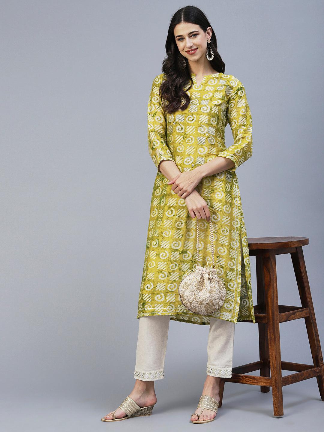 Batik Printed Zari Dori & Mirror Embroidered Kurta - Lime Green - Indiakreations