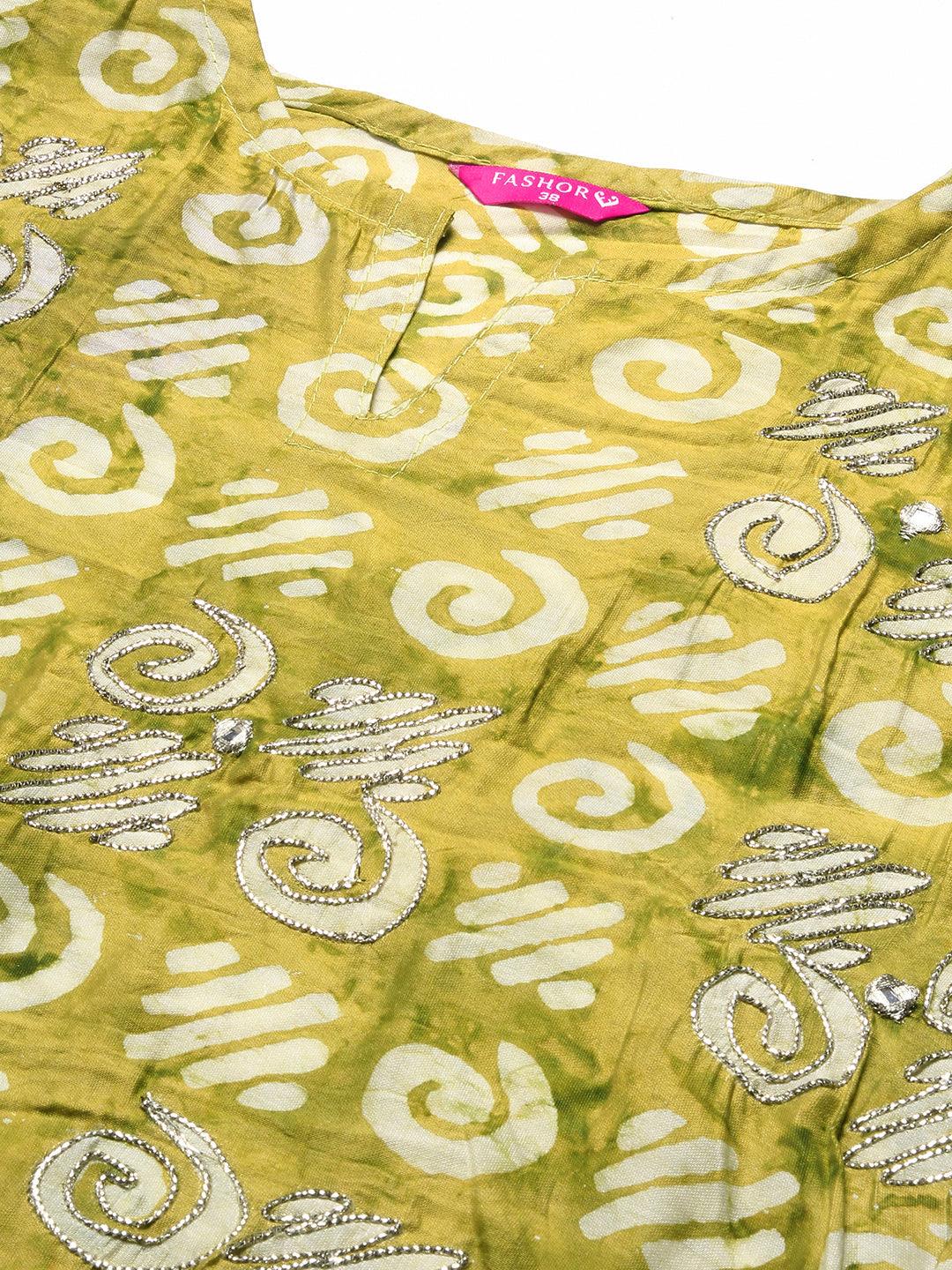 Batik Printed Zari Dori & Mirror Embroidered Kurta - Lime Green - Indiakreations