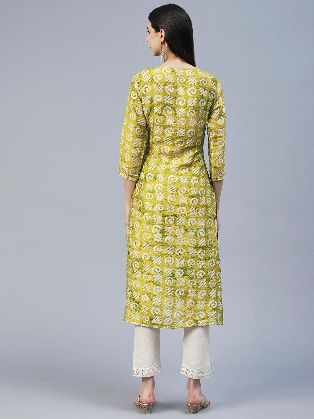 Batik Printed Zari Dori & Mirror Embroidered Kurta - Lime Green - Indiakreations