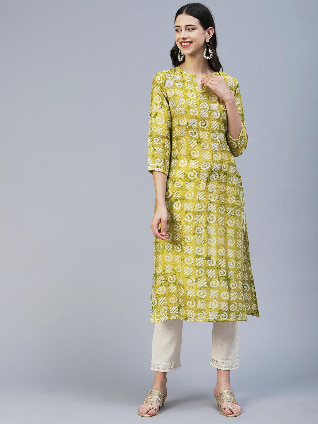 Batik Printed Zari Dori & Mirror Embroidered Kurta - Lime Green - Indiakreations