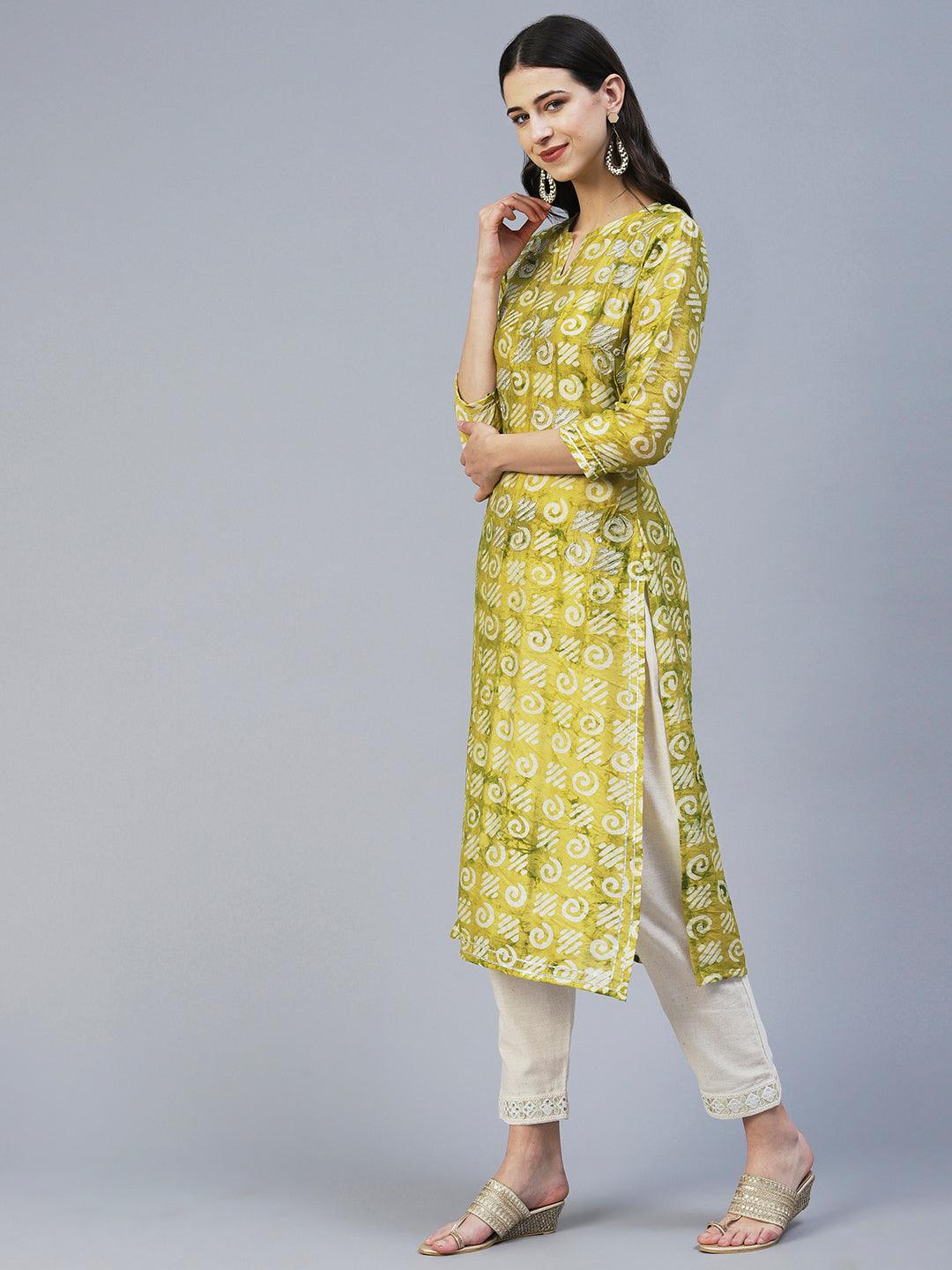 Batik Printed Zari Dori & Mirror Embroidered Kurta - Lime Green - Indiakreations