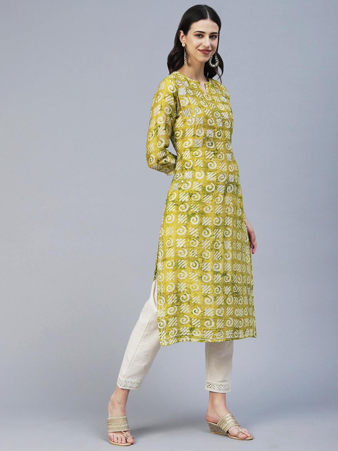 Batik Printed Zari Dori & Mirror Embroidered Kurta - Lime Green - Indiakreations