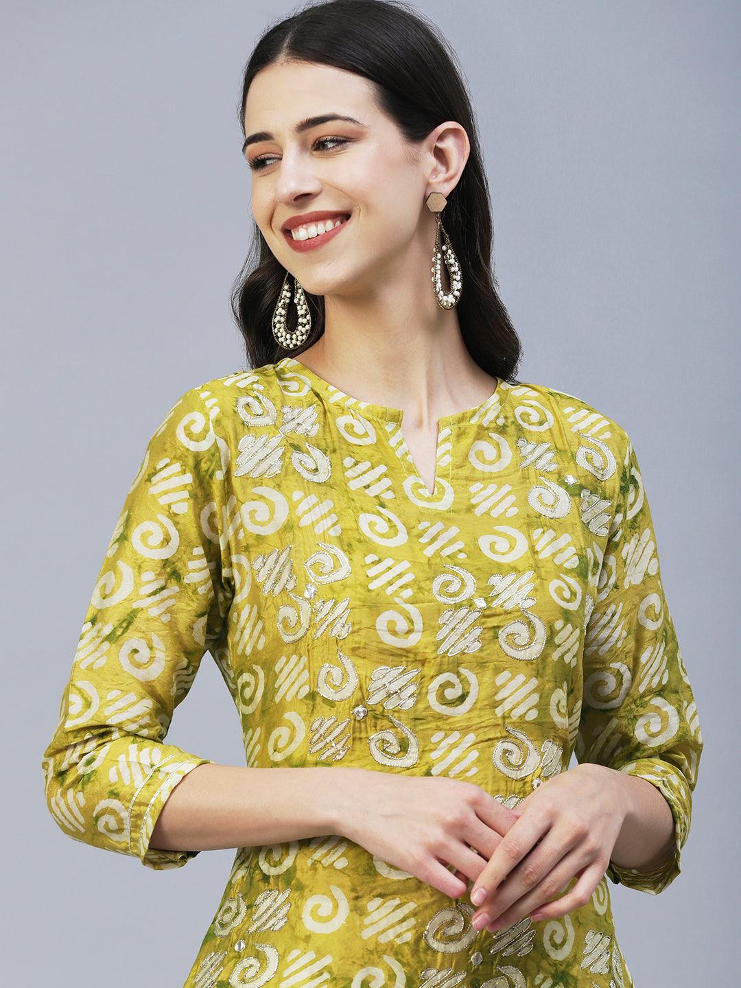 Batik Printed Zari Dori & Mirror Embroidered Kurta - Lime Green - Indiakreations