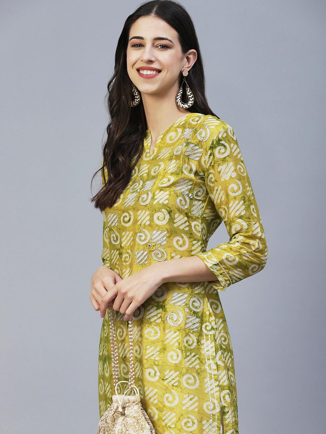 Batik Printed Zari Dori & Mirror Embroidered Kurta - Lime Green - Indiakreations