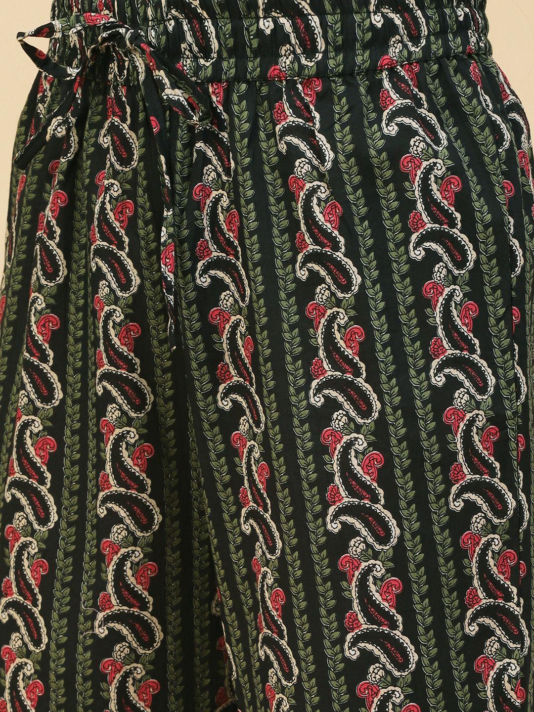 Paisley Printed Straight Fit Kurta with Pant - Black - Indiakreations